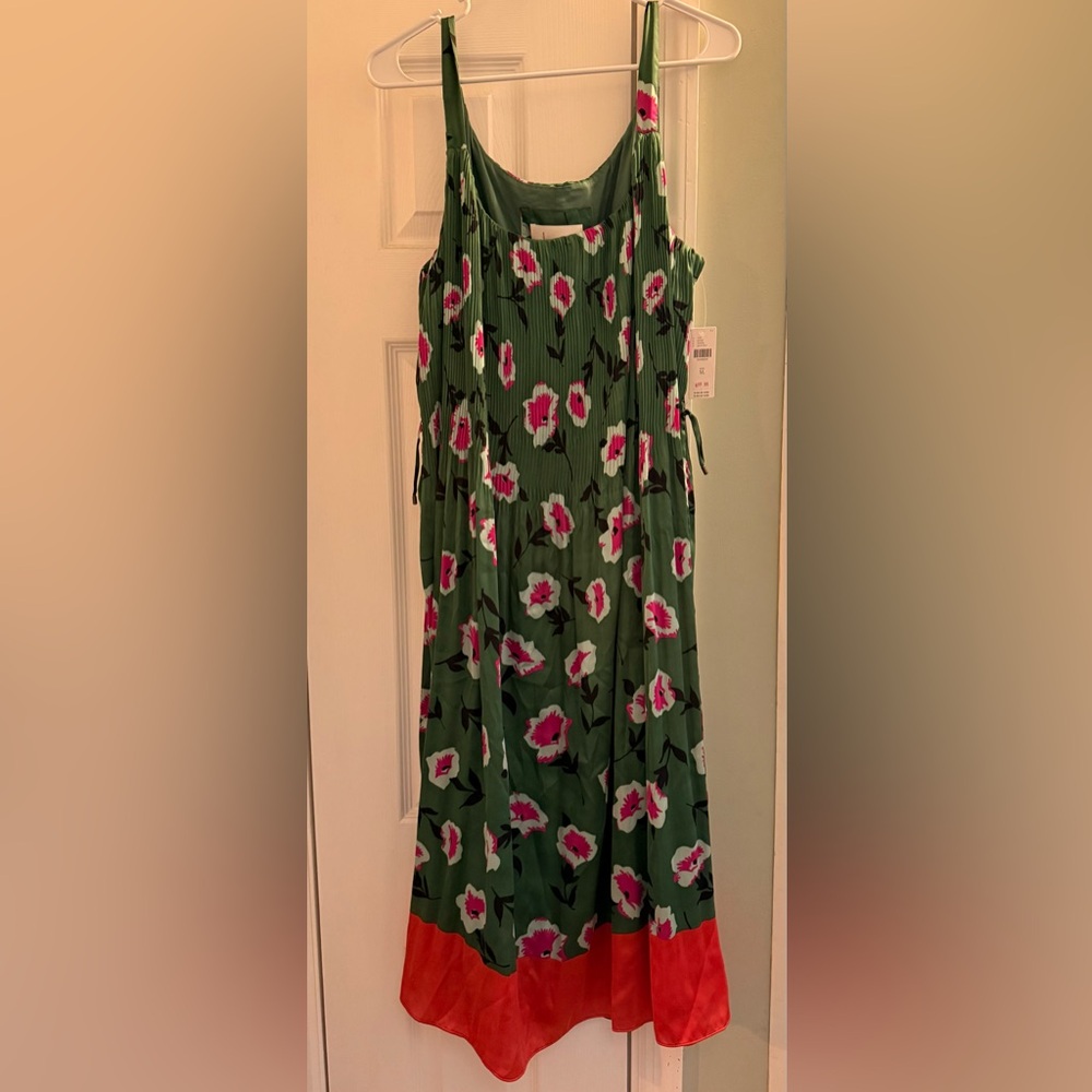 Anthropologie Green Floral Maxi Dress with Coral Hem